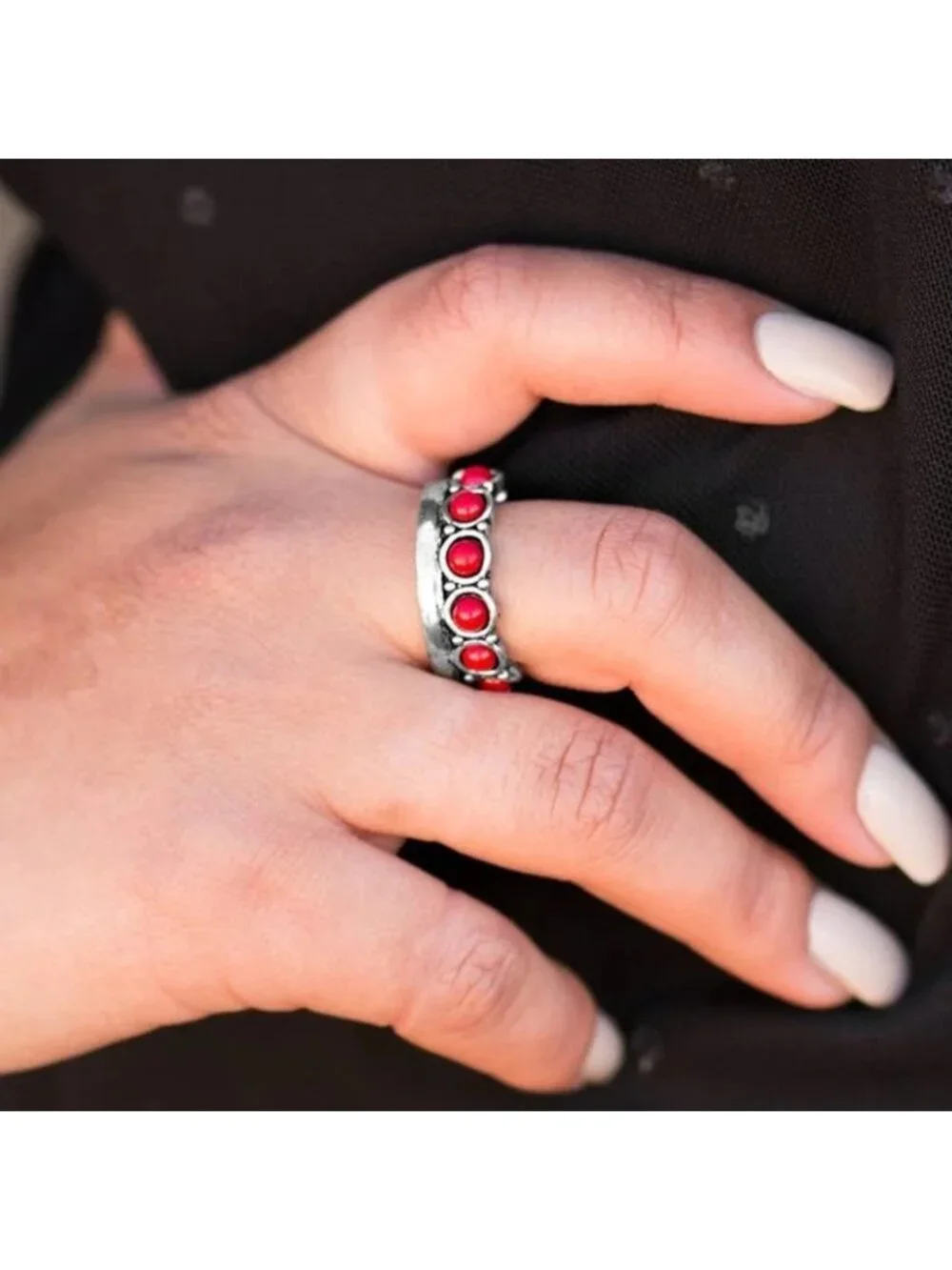 Red Beaded Silver Stretch Ring
